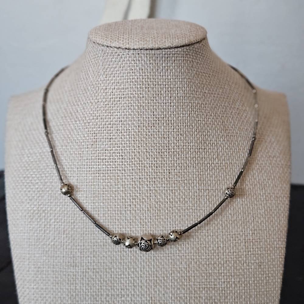 Vintage Silver Beaded Necklace Rose Y2K 90s Women's Jewelry